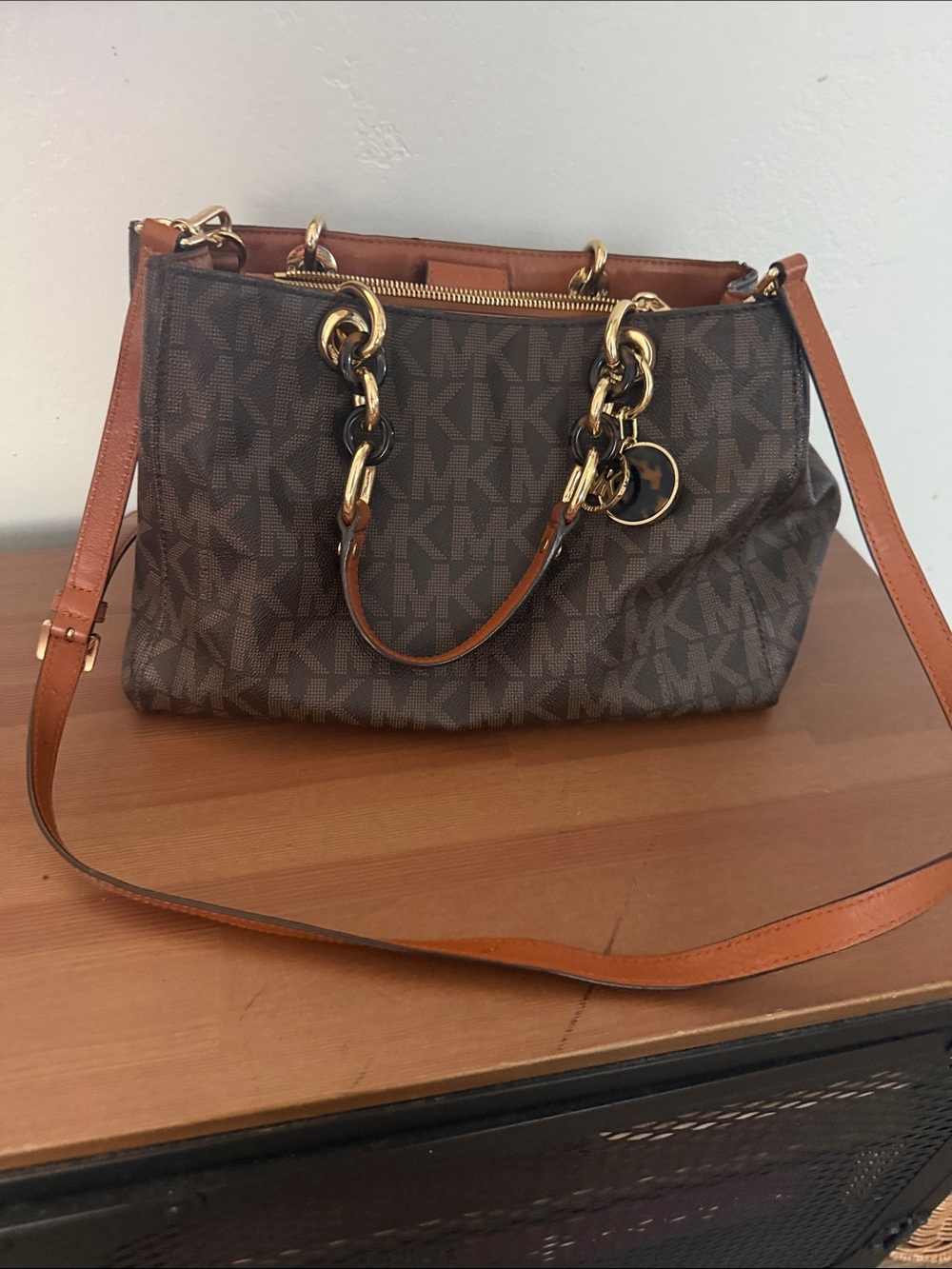 Michael Kors Brown Logo Shoulder Satchel with Tan Leather Trim